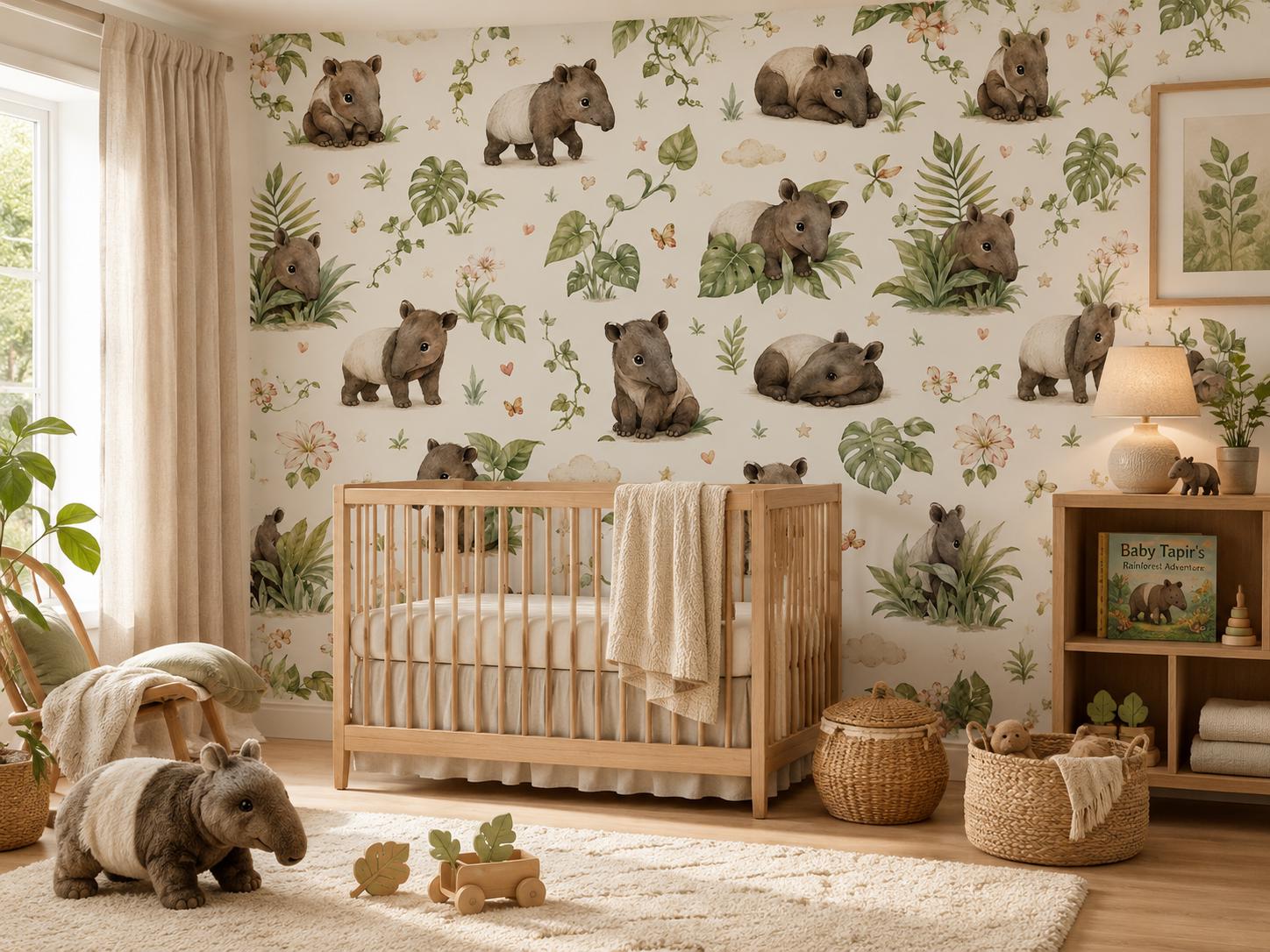 Tapir Rainforest Wallpaper: Tropical Animal Nursery Mural