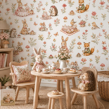 Garden Tea Party Animal Wallpaper: White Nursery Wall Mural