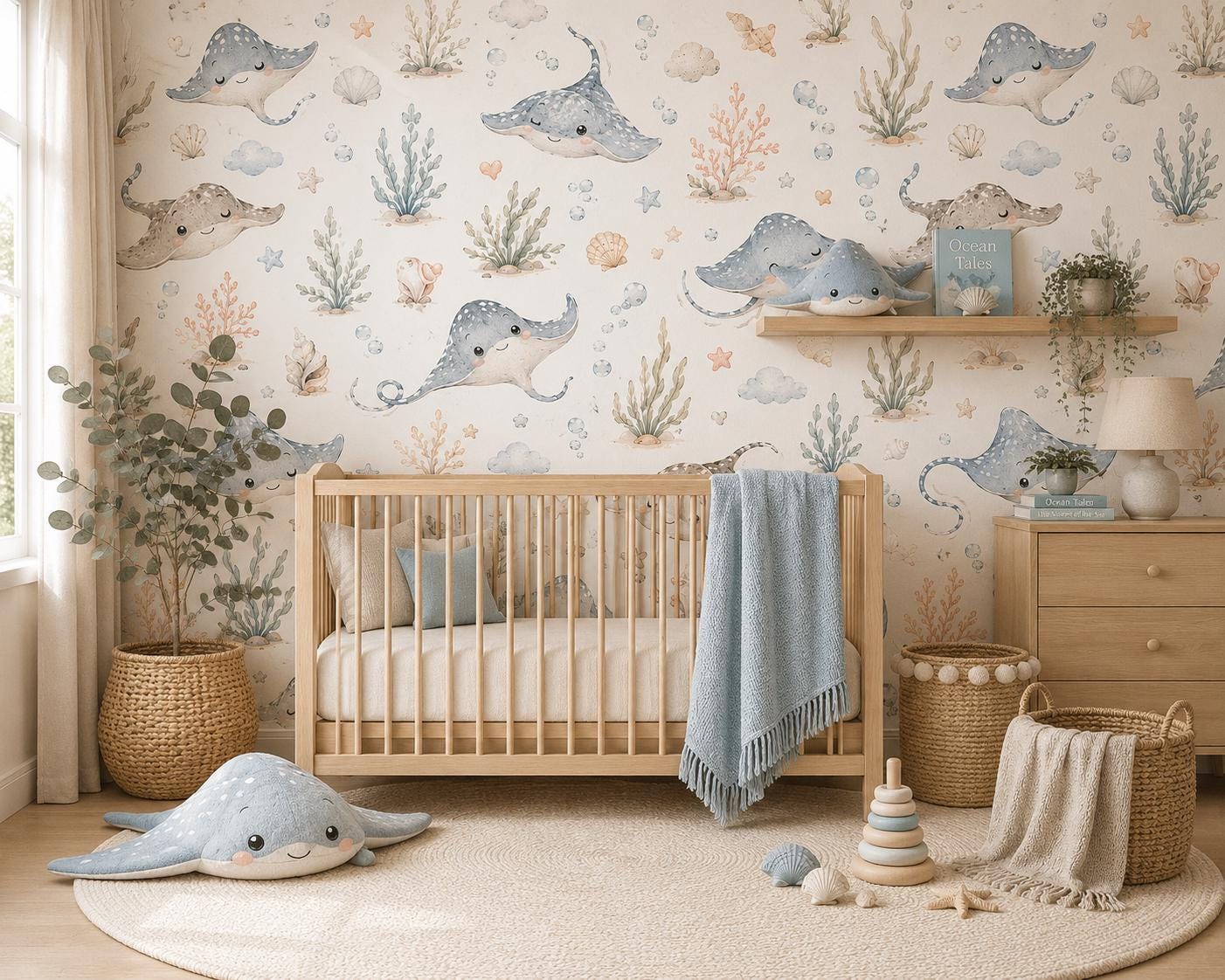 Stingray Ocean Wallpaper: Coastal Sea Life Nursery Mural