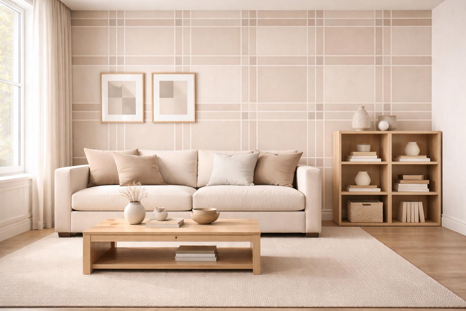 Beige Grid Wallpaper: Modern Minimal Line Pattern Wall Mural