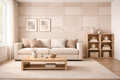 Beige Grid Wallpaper: Modern Minimal Line Pattern Wall Mural