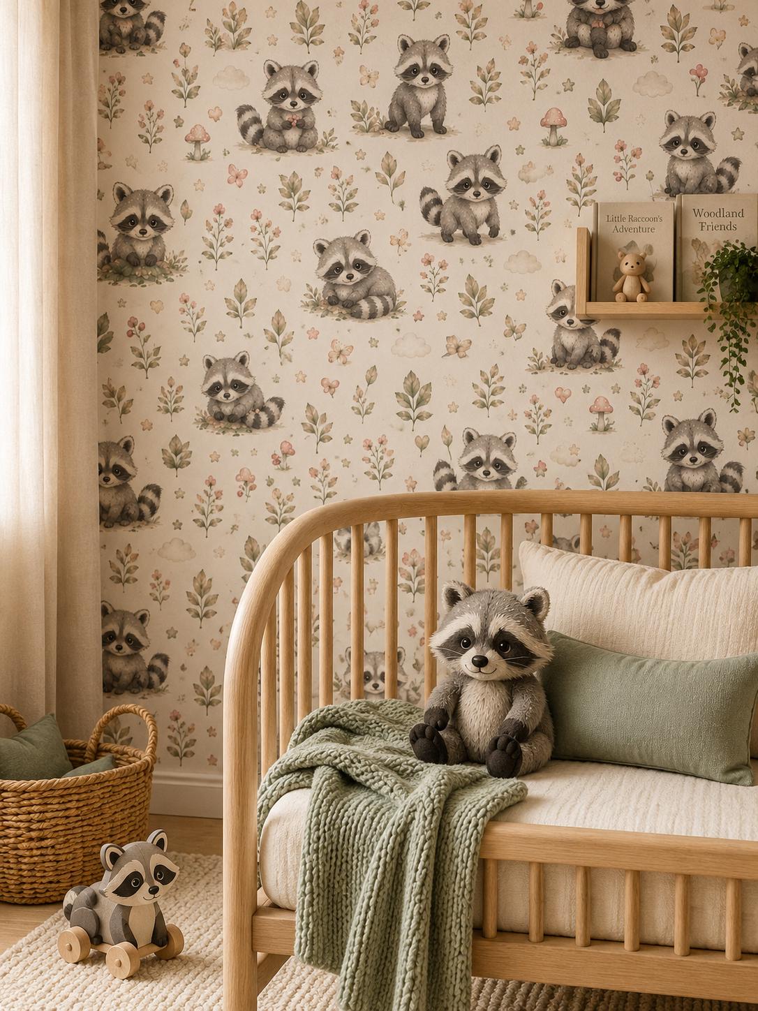 Raccoon Woodland Wallpaper: Forest Animal Nursery Mural