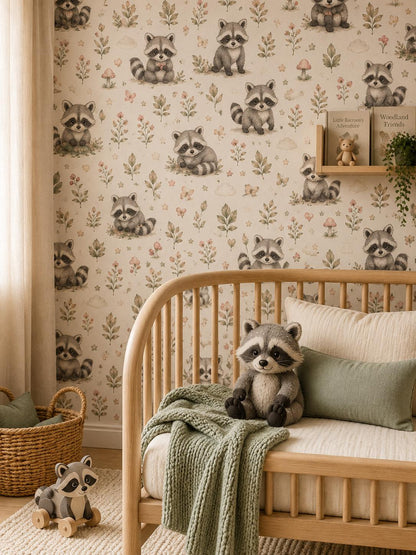 Raccoon Woodland Wallpaper: Forest Animal Nursery Mural