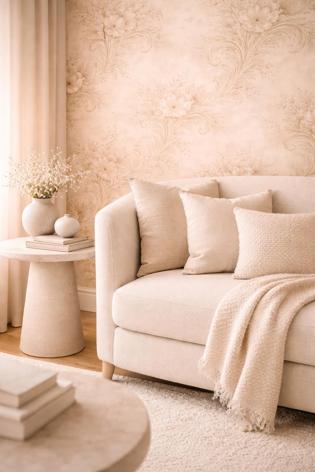 Beige Floral Wallpaper, Vintage Neutral Peel and Stick Wall Mural