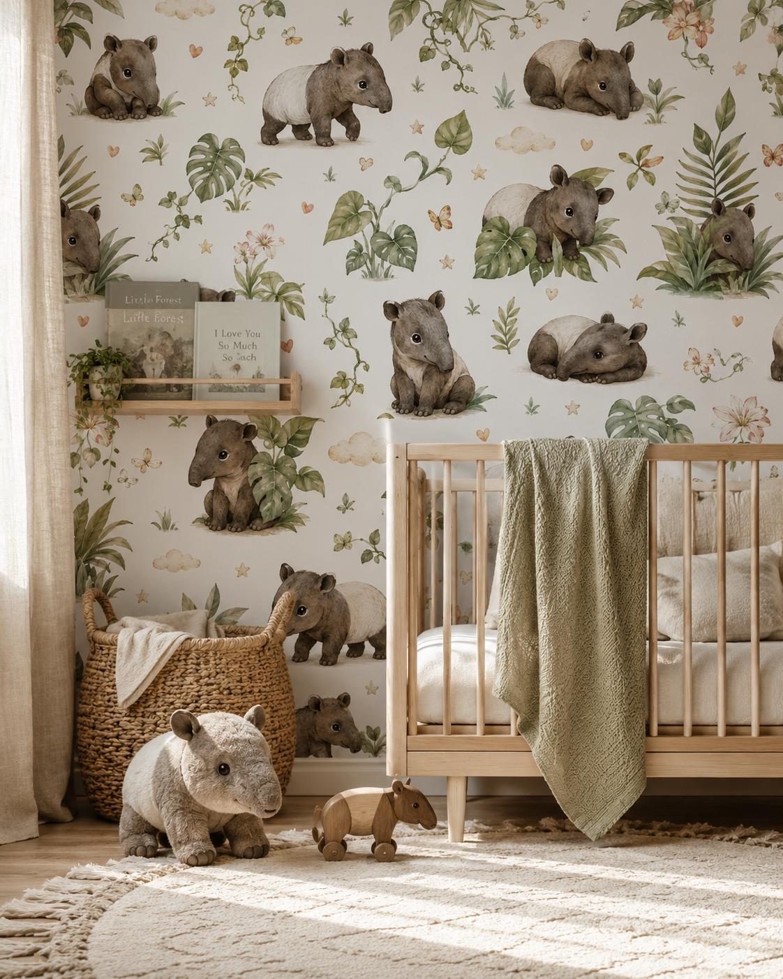 Tapir Rainforest Wallpaper: Tropical Animal Nursery Mural