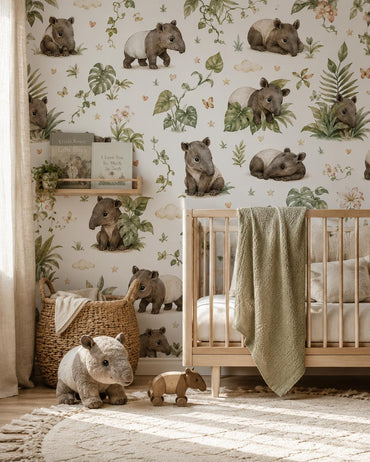 Tapir Rainforest Wallpaper: Tropical Animal Nursery Mural