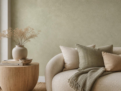 Sage Limewash Wallpaper: Soft Green Plaster Wall Mural