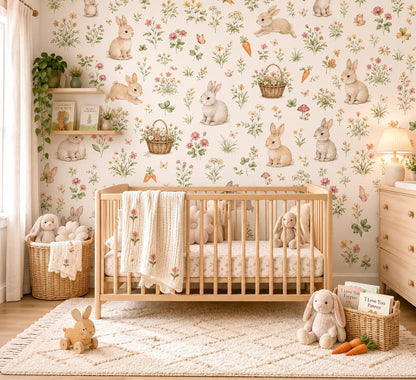 Bunny Meadow Wallpaper: Floral Rabbit Wall Mural