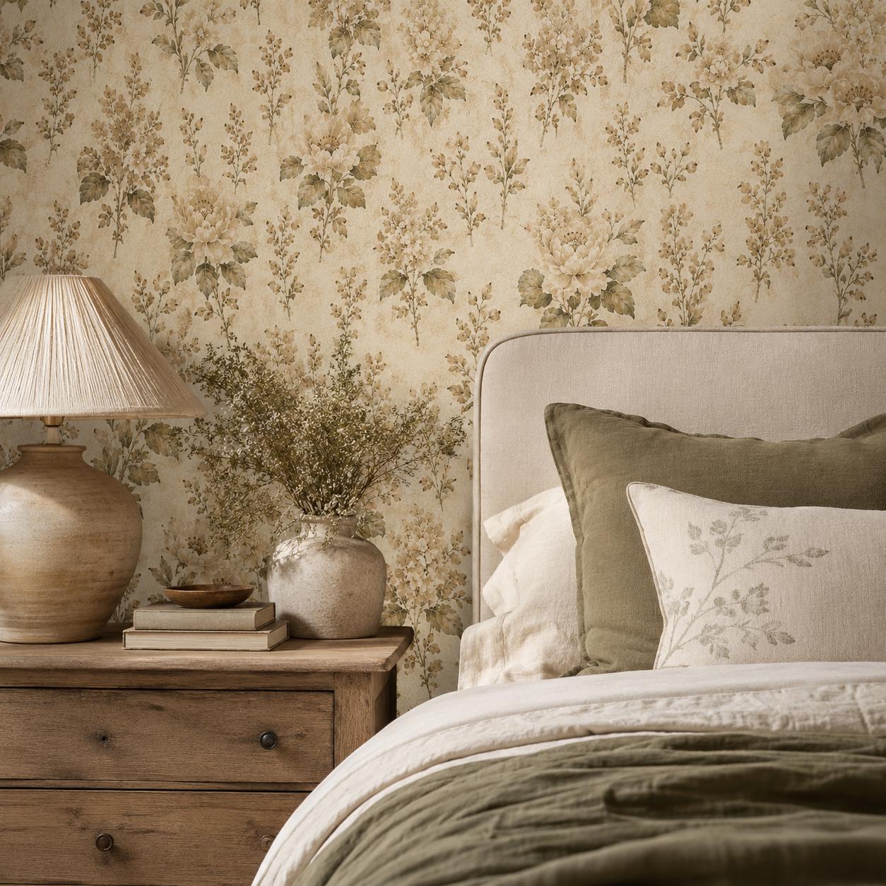 Olive Cream Floral Wallpaper: Vintage Botanical Wall Mural