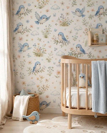 Bluebird Meadow Wallpaper: Floral Bird Nursery Mural