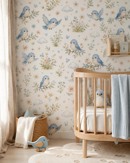 Bluebird Meadow Wallpaper: Floral Bird Nursery Mural