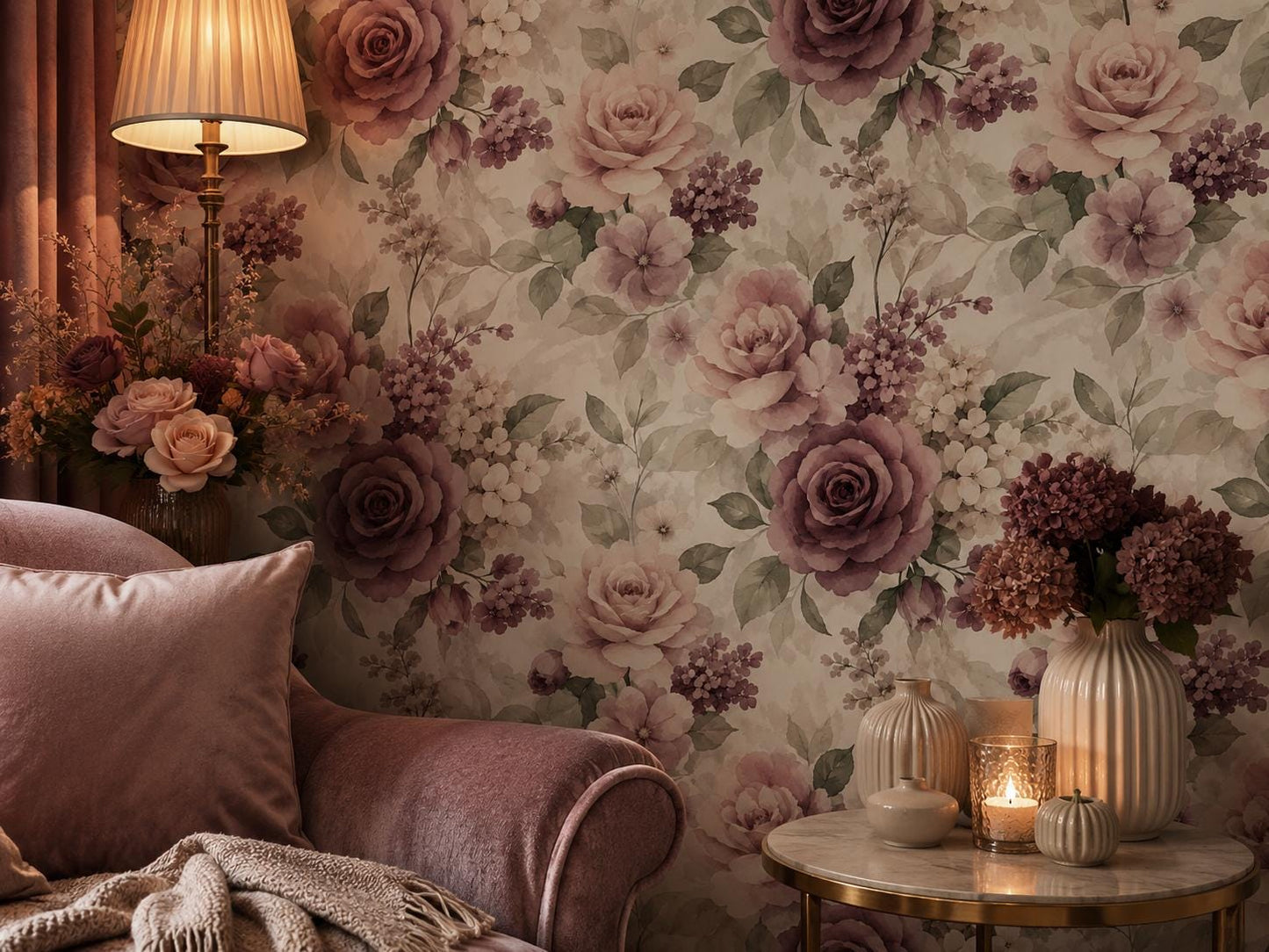 Mauve Rose Floral Wallpaper: Romantic Botanical Wall Mural