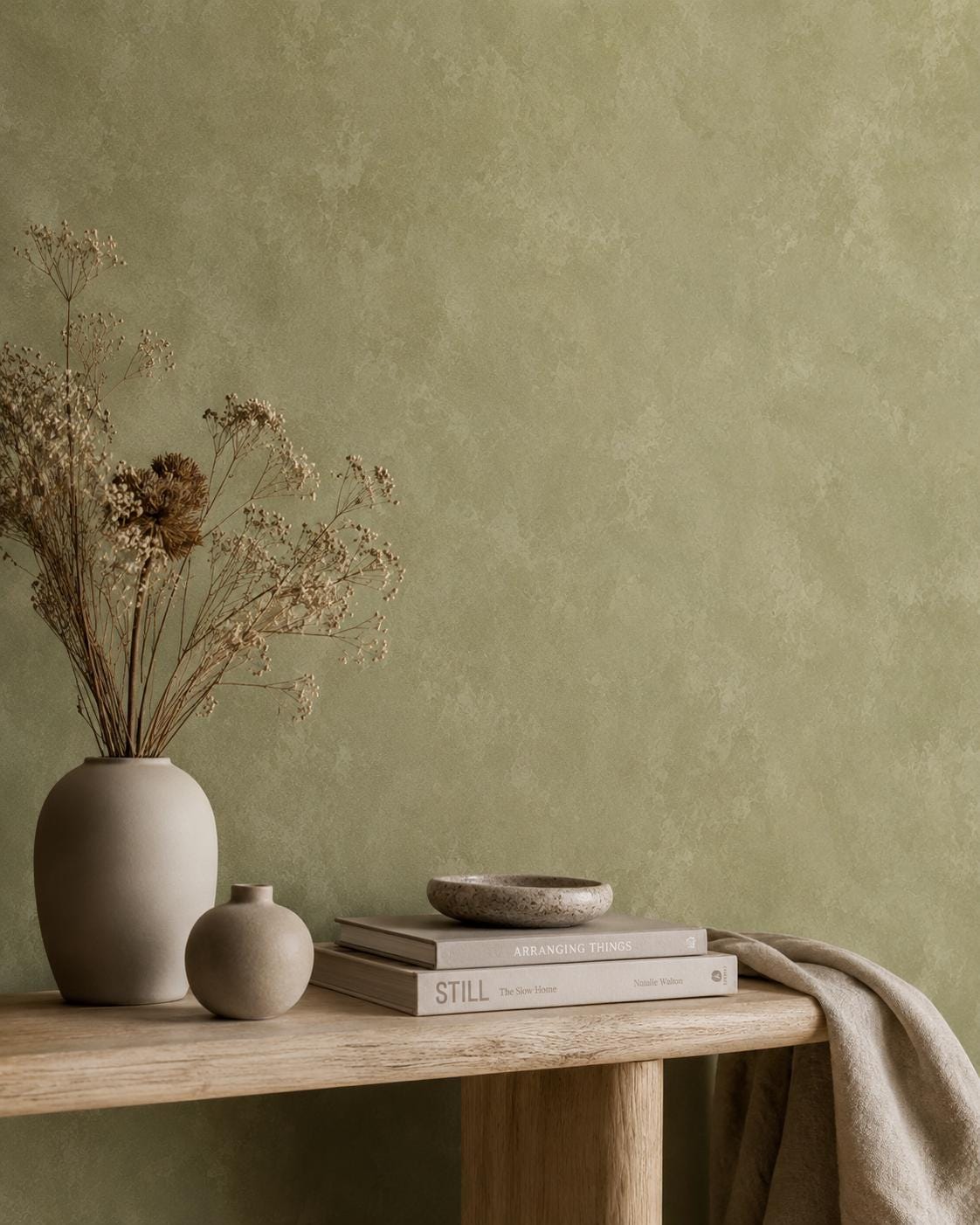 Olive Limewash Wallpaper: Earthy Green Textured Wall Mural