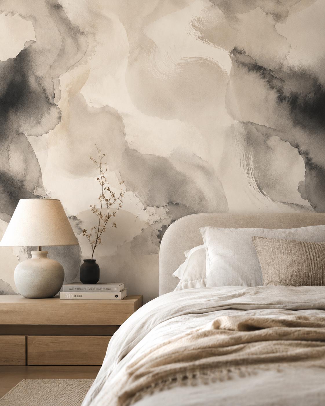 Ivory Ink Wash Wallpaper: Soft Black Abstract Wall Mural