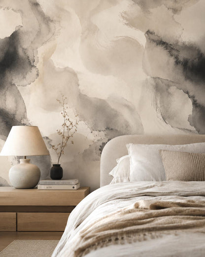 Ivory Ink Wash Wallpaper: Soft Black Abstract Wall Mural
