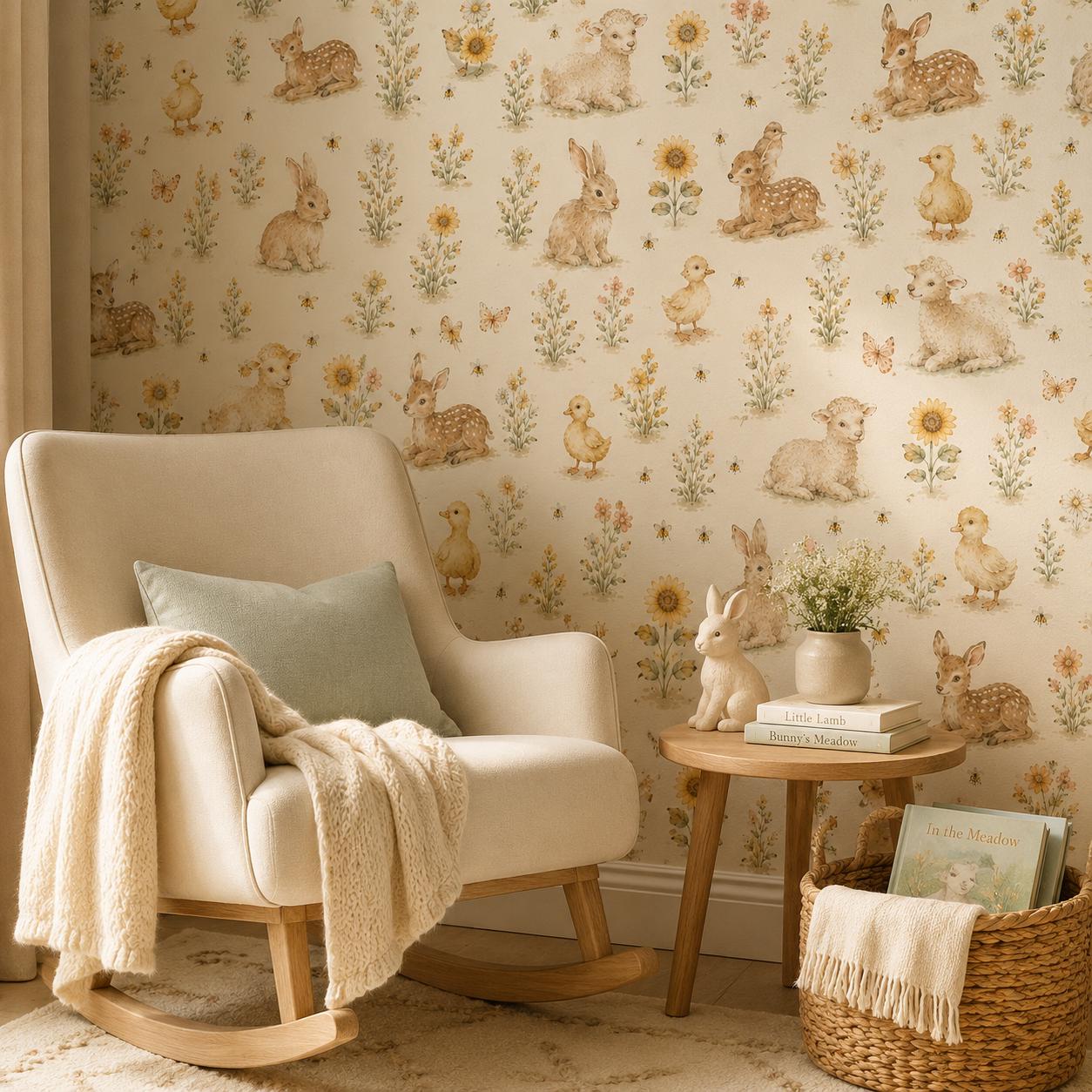 Sunny Meadow Animal Wallpaper: Cheerful Nursery Wall Mural