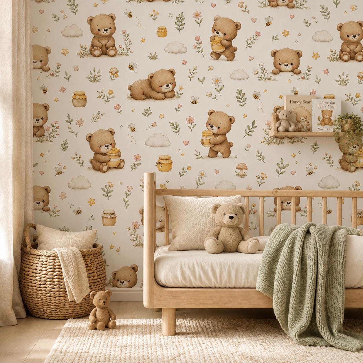Bear Wallpaper: Honey Meadow Nursery Mural