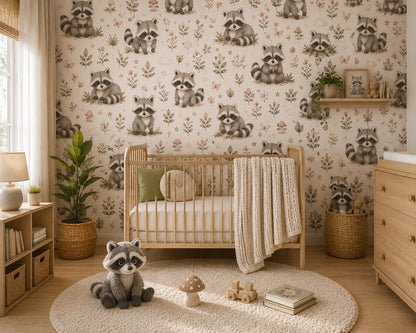 Raccoon Woodland Wallpaper: Forest Animal Nursery Mural