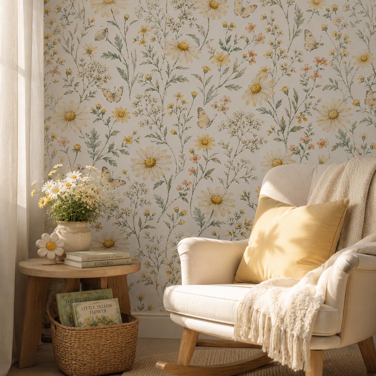 Yellow Daisy Wallpaper: White Cottage Floral Wall Mural