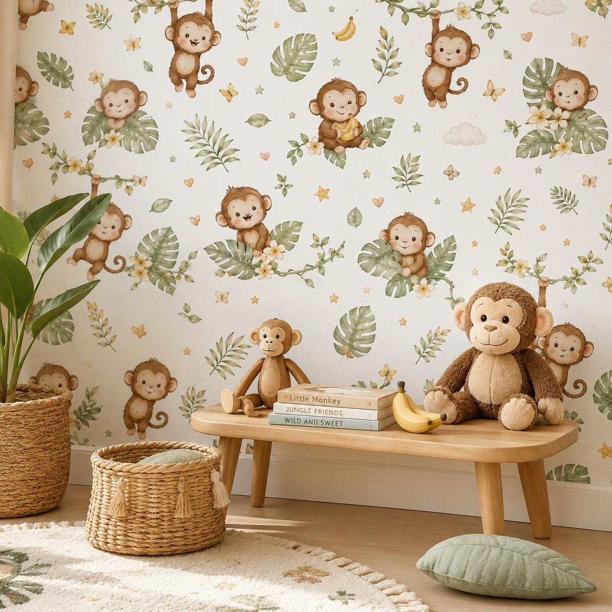 Monkey Jungle Wallpaper: Tropical Animal Nursery Wall Mural