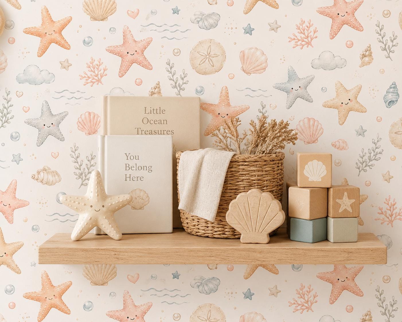Starfish Seashell Wallpaper: Coastal Ocean Nursery Peel and Stick Mural