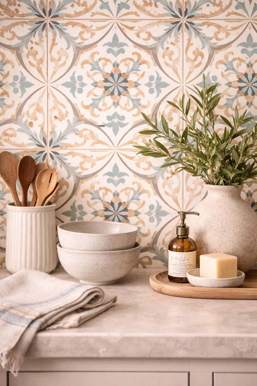 Vintage Mediterranean Tile Wallpaper Peel and Stick Blue Beige Wall Mural