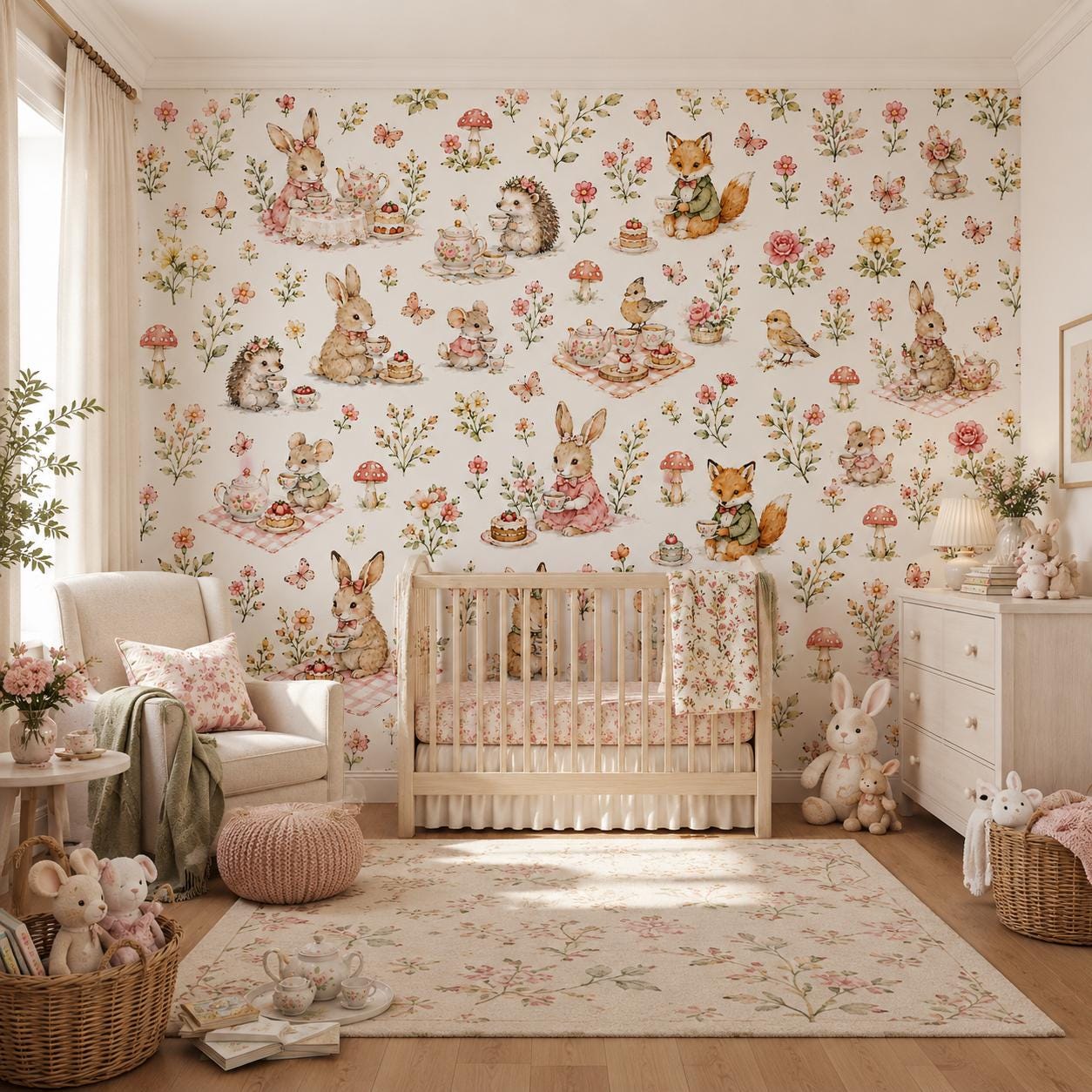 Garden Tea Party Animal Wallpaper: White Nursery Wall Mural