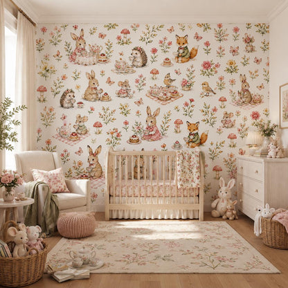 Garden Tea Party Animal Wallpaper: White Nursery Wall Mural