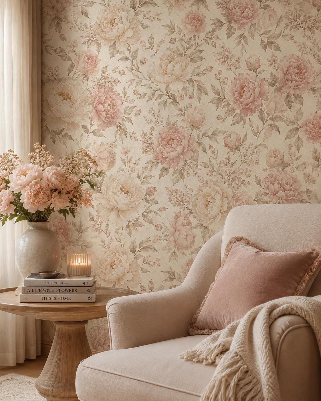 Champagne Blush Peony Wallpaper: Romantic Floral Wall Mural