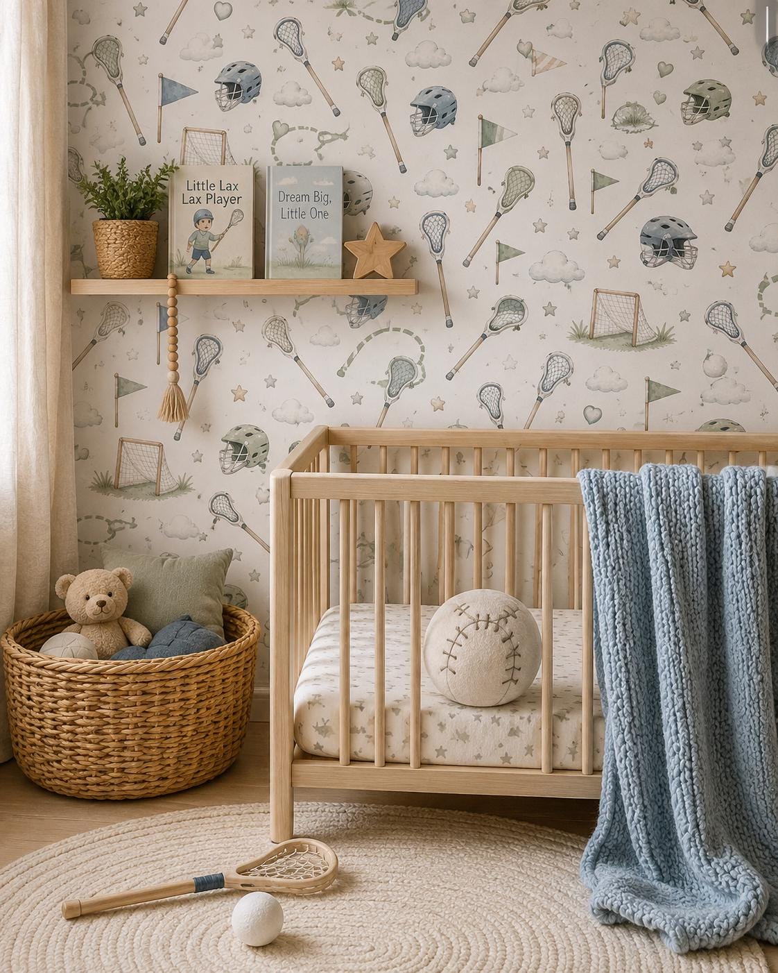 Lacrosse Stick Wallpaper: Preppy Sports Nursery Mural