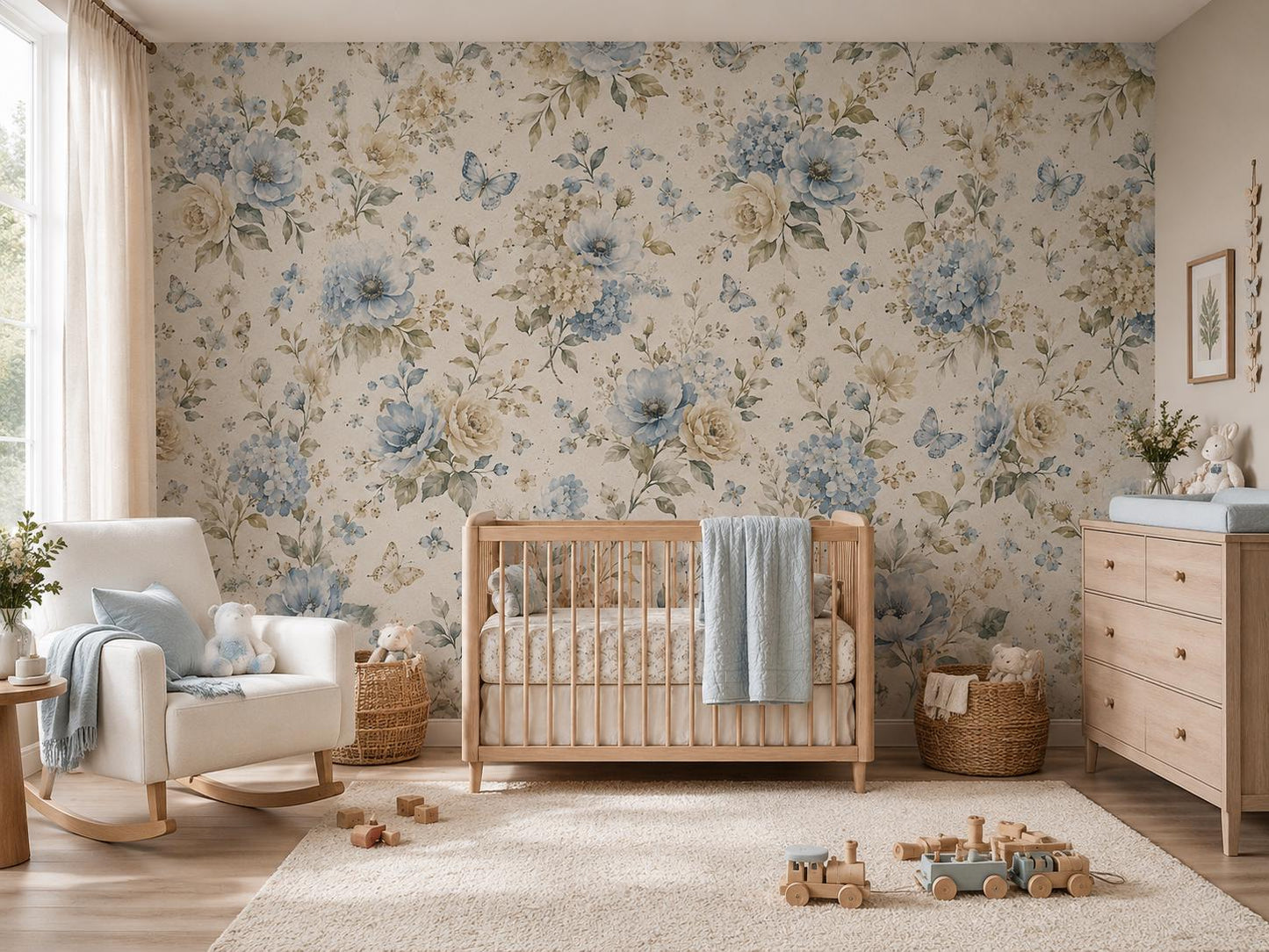 Dusty Blue Floral Wallpaper: Soft Botanical Nursery Wall Mural