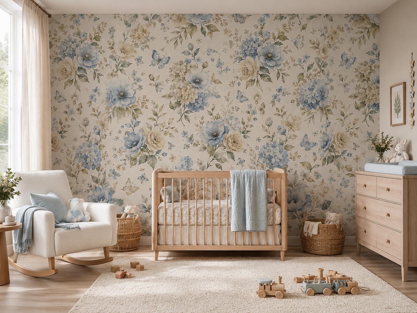 Dusty Blue Floral Wallpaper: Soft Botanical Nursery Wall Mural