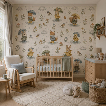 Rainy Day Woodland Wallpaper: Cozy Nursery Wall Mural