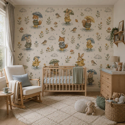 Rainy Day Woodland Wallpaper: Cozy Nursery Wall Mural