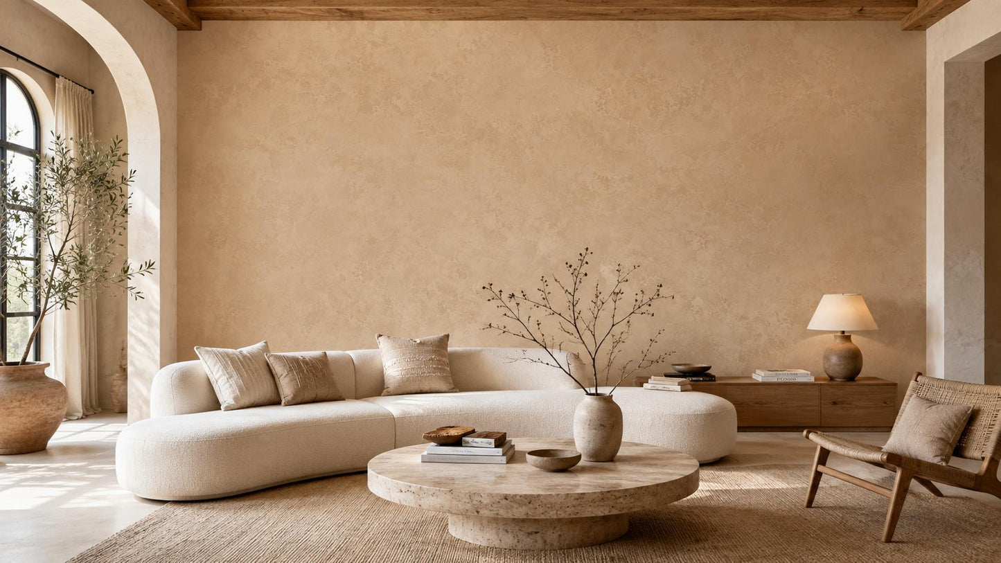 Soft Camel Stucco Wallpaper: Warm Textured Wall Mural