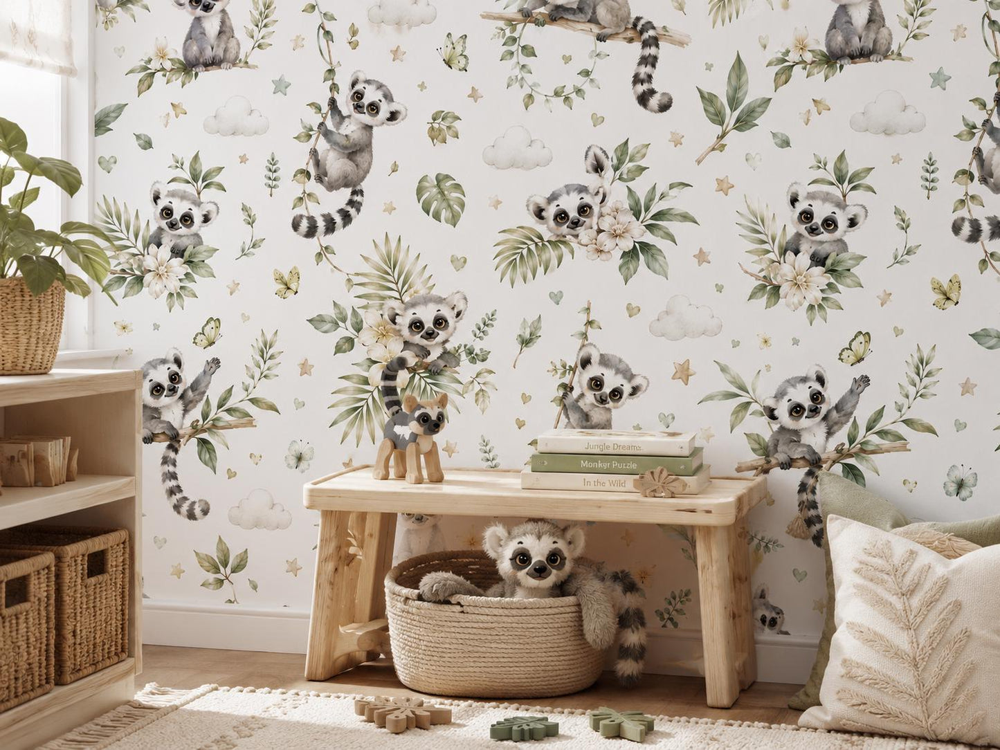 Lemur Jungle Wallpaper: Tropical Animal Nursery Wall Mural