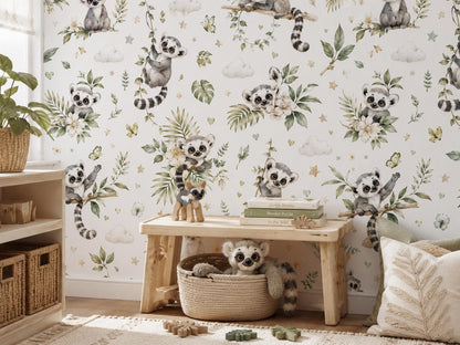 Lemur Jungle Wallpaper: Tropical Animal Nursery Wall Mural