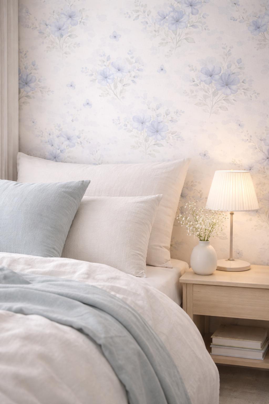 Soft Blue Floral Wallpaper: Pastel Botanical Peel and Stick Wall Mural