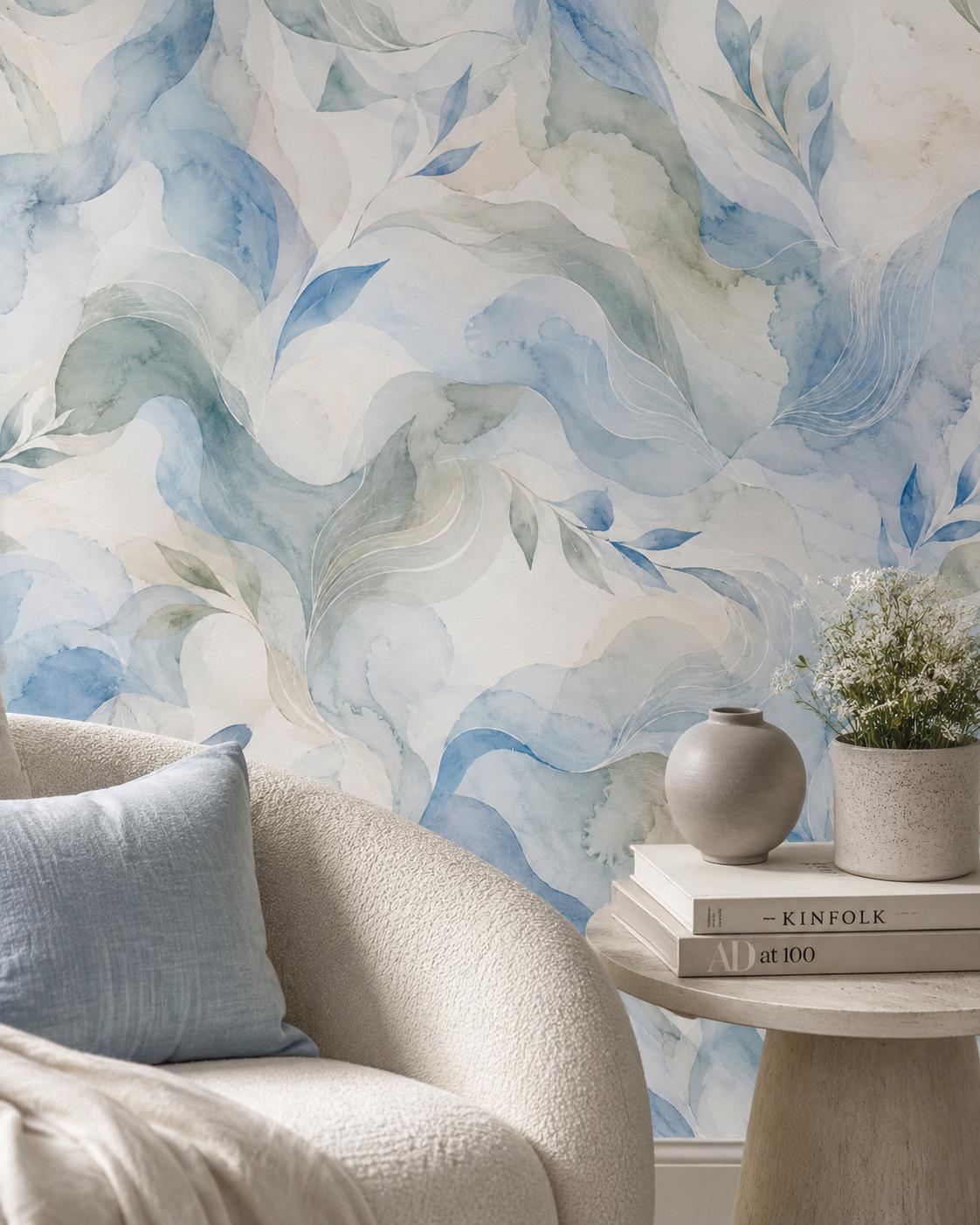 Mist Blue Abstract Wallpaper: Soft Organic Wall Mural