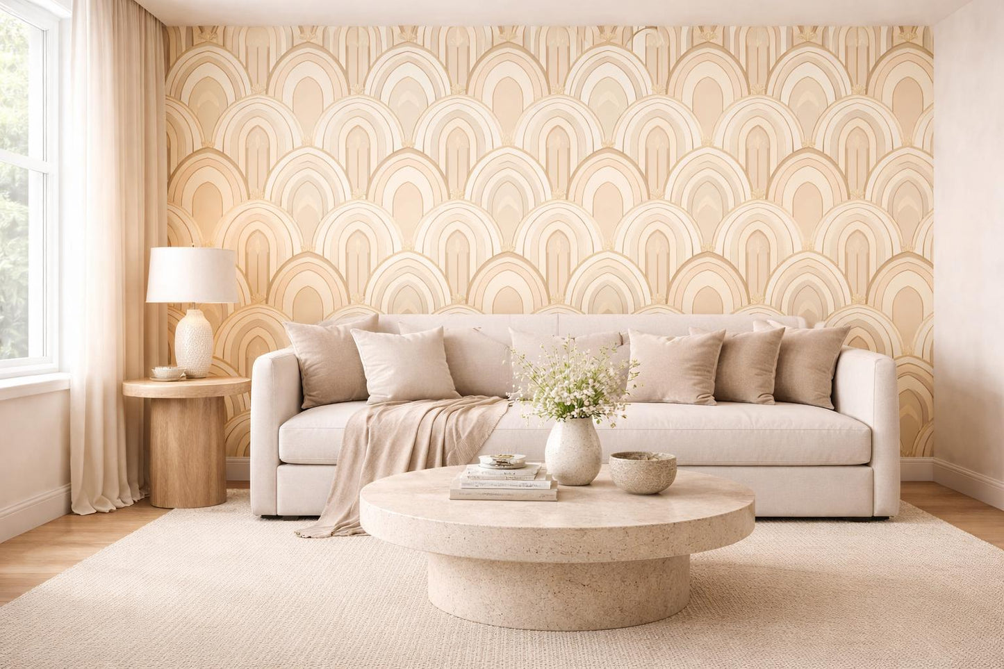 Beige Art Deco Arch Wallpaper: Geometric Arch Mural (Peel and Stick)