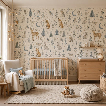Moonlight Forest Animal Wallpaper: Dreamy Nursery Wall Mural