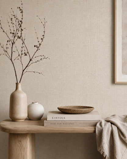 Oatmeal Linen Texture Wallpaper: Warm Woven Wall Mural