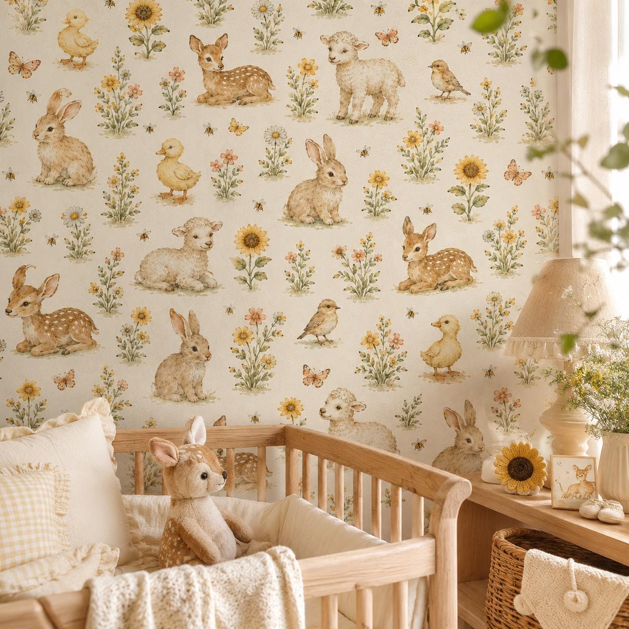Sunny Meadow Animal Wallpaper: Cheerful Nursery Wall Mural