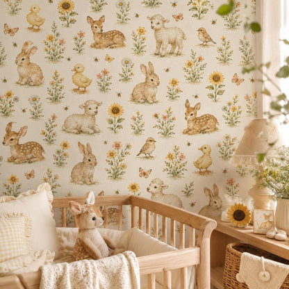 Sunny Meadow Animal Wallpaper: Cheerful Nursery Wall Mural