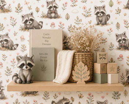 Raccoon Woodland Wallpaper: Forest Animal Nursery Mural