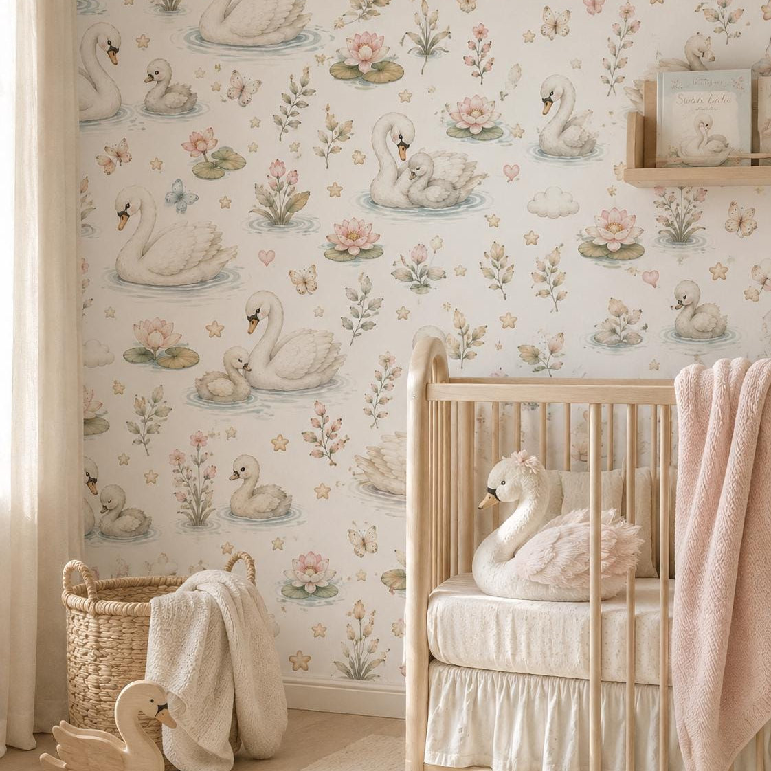 Swan Lake Wallpaper: Soft Floral Nursery Wall Mural