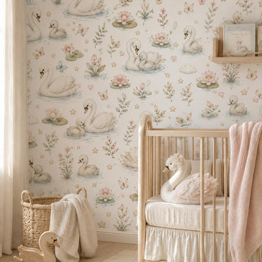Swan Lake Wallpaper: Soft Floral Nursery Wall Mural