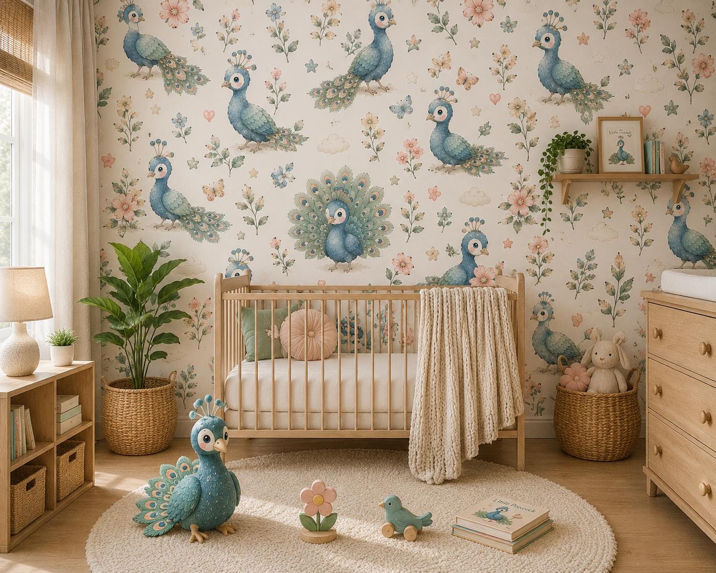 Peacock Garden Wallpaper: Floral Bird Nursery Wall Mural