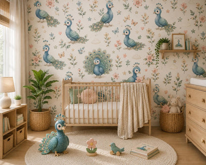 Peacock Garden Wallpaper: Floral Bird Nursery Wall Mural