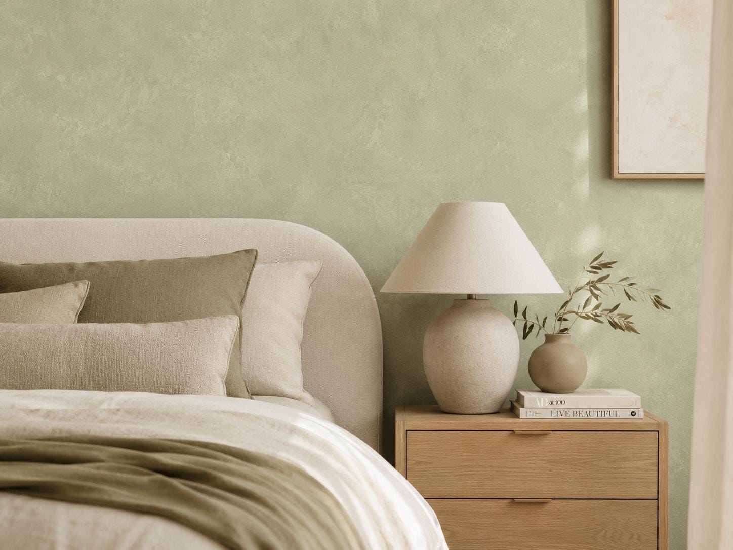 Sage Limewash Wallpaper: Soft Green Plaster Wall Mural